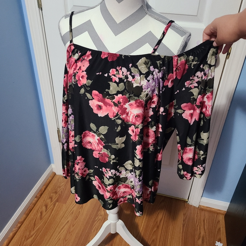 Free Kisses Black Floral Cold Shoulder Top